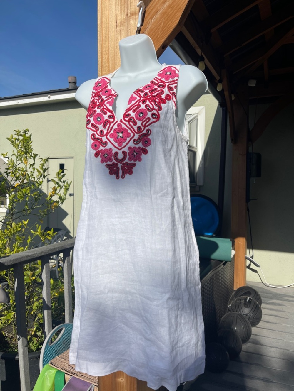 J. Crew White Linen Swim Coverup with Pink Embroidered V-Neck